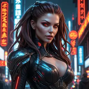 Cyberpunk vampire Sarah Kerrigan, blending biomechanical enhancements with gothic elegance, glowing red eyes, sharp teeth,  dark futuristic cityscape backdrop, neon lights