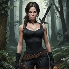 A seductive vampire Lara Croft, pale skin, dark hair, intense gaze, holding a stake instead of a pistol, elegant gothic attire, mysterious forest background