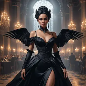 Inside an opulent, dimly lit ballroom filled with shadowy figures and flickering candlelight, Vampire Nidalee dances gracefully, her movements both alluring and menacing, a raven perched on her shoulder adding to the gothic allure.