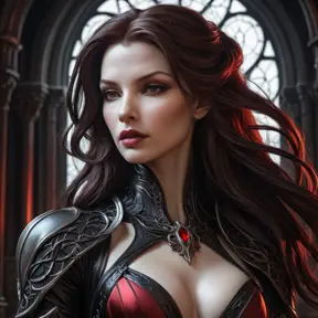 Sarah Kerrigan as a seductive vampire,  pale skin, dark flowing hair, sharp claws, gothic architecture background, blood red highlights