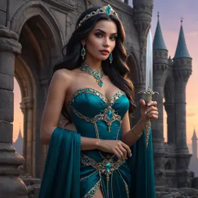 Vampire Princess Jasmine, elegant and powerful, standing amidst a gothic castle ruins at twilight, holding a jeweled dagger,  realistic