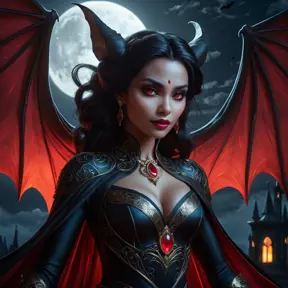 Dramatic fantasy artwork of Vampire Princess Jasmine,  transformed into a powerful bat-like creature with glowing red eyes,  surrounded by swirling shadows and moonlight,  dark and moody atmosphere