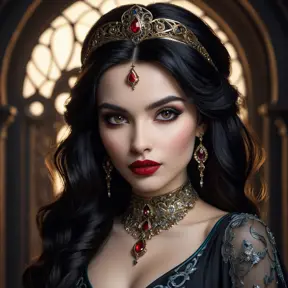 Close-up portrait of Vampire Princess Jasmine, seductive gaze, pale skin, crimson lips, sharp fangs subtly visible, intricate makeup,  flowing dark hair,  dramatic chiaroscuro lighting