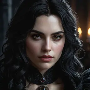 Close-up portrait of a vampire Yennefer, her face etched with ancient wisdom and predatory grace. Her fangs are subtly visible, and a single drop of blood glistens on her chin.  Dark, moody atmosphere, sharp focus on eyes