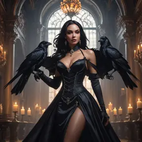 Inside an opulent, dimly lit ballroom filled with shadowy figures and flickering candlelight, Vampire Nidalee dances gracefully, her movements both alluring and menacing, a raven perched on her shoulder adding to the gothic allure.