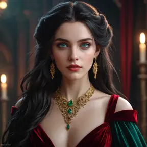 Portrait of Kassandra, a striking vampire with piercing emerald eyes, pale skin, and long raven hair cascading down her shoulders. She wears a flowing crimson velvet gown, a single ruby pendant adorns her neck