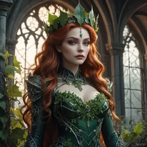 A majestic, powerful vampire Poison Ivy, standing tall amidst a decaying, gothic mansion overgrown with thorny vines.  She wears a crown of thorns and her skin shimmers with an otherworldly luminescence