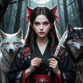 Dark fantasy portrait: a beautiful vampire princess, a fusion of San (Princess Mononoke) and a seductive vampire, with sharp features, pale skin, and glowing crimson eyes, wearing a torn, elegant black kimono, holding a ceremonial dagger, surrounded by wolves in a moonlit forest