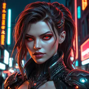 Cyberpunk vampire Sarah Kerrigan, blending biomechanical enhancements with gothic elegance, glowing red eyes, sharp teeth,  dark futuristic cityscape backdrop, neon lights