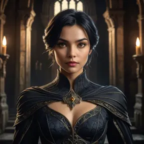 a brooding, elegant vampire Cassandra Cain, poised and deadly, in a dimly lit gothic castle, intricate details in her costume