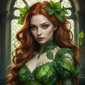 A hyperrealistic portrait of a vampire Poison Ivy.  Her skin is a vibrant, toxic green, with visible veins pulsing beneath the surface.  She wears a tattered, vine-woven dress, and her eyes glow with an unnatural light