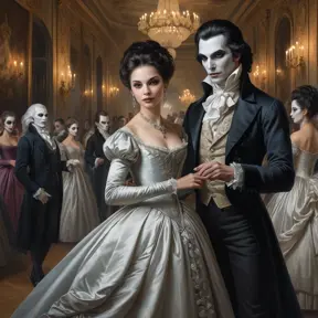 A haunting portrait on the wall captures the essence of an ageless vampire. The painting depicts them in a lavish 18th-century ballroom, swirling in an ethereal dance, surrounded by masked guests whose eyes turn to follow every graceful movement