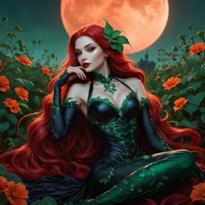 A seductive, gothic vampire, reminiscent of Poison Ivy, with emerald skin, long, flowing vines for hair, and crimson lips, lounging amidst a field of poisonous, bioluminescent flowers under a blood-red moon