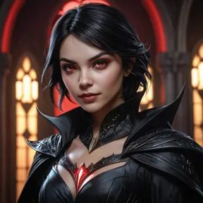 photorealistic portrait of Cassandra Cain as a vampire, sharp fangs, crimson eyes glowing, dark gothic attire