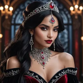 A breathtaking portrait of Vampire Princess Jasmine, ethereal beauty with sharp fangs, flowing midnight-black hair adorned with crimson jewels, wearing a velvet gown embroidered with silver crescent moons