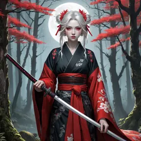 A gothic anime princess, reminiscent of San from Princess Mononoke, but with pale skin, sharp fangs, and crimson eyes, standing amidst a decaying forest, wearing a tattered kimono adorned with blood-red blossoms, holding a katana dripping with moonlight