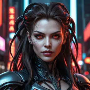 Cyberpunk vampire Sarah Kerrigan, blending biomechanical enhancements with gothic elegance, glowing red eyes, sharp teeth,  dark futuristic cityscape backdrop, neon lights