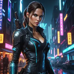 Cyberpunk vampire Lara Croft, neon lights reflecting in her eyes, leather outfit with intricate details, glowing cybernetic enhancements, dual pistols, futuristic city background