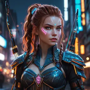 Cyberpunk vampire Aloy, neon lights reflecting in her eyes, futuristic tribal armor, glowing runes, intricate details, sharp fangs, holding a high-tech bow, dark city background