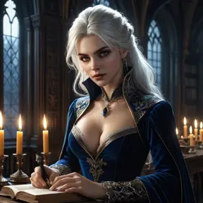 In a gothic library filled with dusty tomes and flickering candlelight, Vampire Ciri leans over an open book, her intense amber eyes reflecting a world of arcane secrets. Her elegant silhouette is draped in flowing midnight-blue velvet, and a pair of sharp silver daggers rests at her hips, glinting softly.