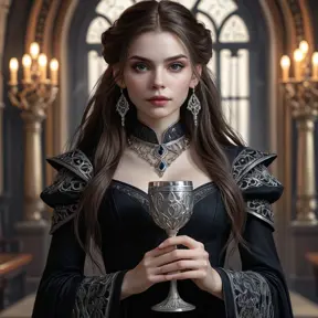 Aloy as a gothic vampire, elegant black dress, pale skin, sharp features, long dark hair, holding a silver goblet, opulent background