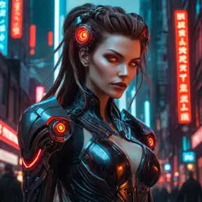 Cyberpunk vampire Sarah Kerrigan, blending biomechanical enhancements with gothic elegance, glowing red eyes, sharp teeth,  dark futuristic cityscape backdrop, neon lights