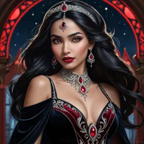 A breathtaking portrait of Vampire Princess Jasmine, ethereal beauty with sharp fangs, flowing midnight-black hair adorned with crimson jewels, wearing a velvet gown embroidered with silver crescent moons