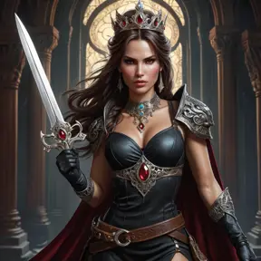 Dark fantasy illustration of Lara Croft as a powerful vampire queen, regal pose, ornate crown, crimson eyes, long flowing dark hair, holding a jeweled dagger