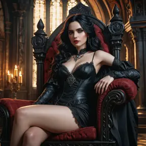 Yennefer, now a seductive vampire queen, lounging languidly on a gothic throne. Her skin is alabaster, her lips crimson, and her eyes glow with an unnatural light.  She's surrounded by shadowy figures and ornate, decaying architecture.