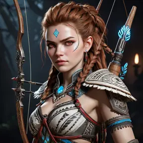 Aloy from Horizon Zero Dawn, but as a vampire, pale skin, crimson eyes, fangs, intricate tribal tattoos, holding a glowing bow