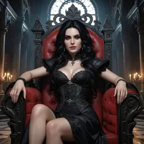 Yennefer, now a seductive vampire queen, lounging languidly on a gothic throne. Her skin is alabaster, her lips crimson, and her eyes glow with an unnatural light.  She's surrounded by shadowy figures and ornate, decaying architecture.