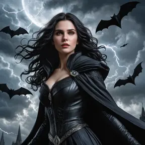 A powerful, dynamic image of vampire Yennefer soaring through a stormy night sky, her black cloak billowing behind her.  She's surrounded by bats and lightning, her eyes blazing with supernatural energy.