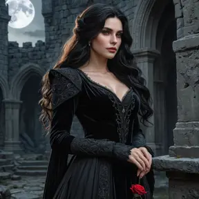 Yennefer, a noble vampire, stands amidst a ruined castle, moonlight illuminating her pale face and long, dark hair. She wears a richly detailed, dark velvet dress.  A single red rose rests in her hand