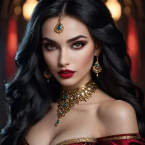 Close-up portrait of Vampire Princess Jasmine, seductive gaze, pale skin, crimson lips, sharp fangs subtly visible, intricate makeup,  flowing dark hair,  dramatic chiaroscuro lighting