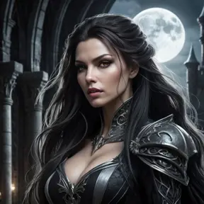 A brooding, elegant vampire Sarah Kerrigan, standing amidst a crumbling gothic castle, moonlight illuminating her pale face, sharp fangs visible,  long flowing black hair