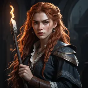 Portrait of Aloy, vampire hunter aesthetic, sharp fangs, intense gaze, long flowing red hair, tattered clothing, holding a stake, dark background