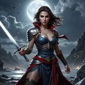 Kassandra, a powerful vampire warrior, wielding a wickedly curved sword, bathed in moonlight.  She stands amidst a battlefield strewn with fallen foes,  dynamic pose