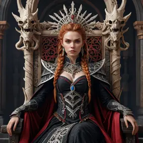 Aloy, vampire queen, sitting on a throne of bones, regal expression, crimson eyes, intricate headdress, dark flowing robes, gothic architecture