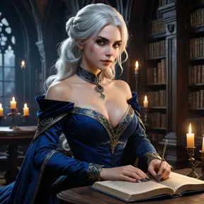 In a gothic library filled with dusty tomes and flickering candlelight, Vampire Ciri leans over an open book, her intense amber eyes reflecting a world of arcane secrets. Her elegant silhouette is draped in flowing midnight-blue velvet, and a pair of sharp silver daggers rests at her hips, glinting softly.