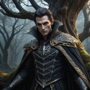 Underneath the canopy of an ancient forest at twilight, a vampire emerges from behind a gnarled tree trunk. Their intricate cloak shimmers with threads of silver and gold as they stand poised, their gaze both commanding and enigmatic against the backdrop of fading light.