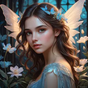 A whimsical, almost ethereal portrait of Kassandra, a young vampire with delicate features and translucent wings. She's surrounded by glowing bioluminescent flora, a dreamy atmosphere, pastel colors, art nouveau style