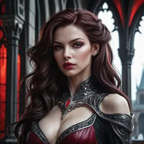 Sarah Kerrigan as a seductive vampire,  pale skin, dark flowing hair, sharp claws, gothic architecture background, blood red highlights, cinematic lighting