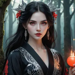 A majestic, ethereal vampire princess, inspired by Princess Mononoke, with long flowing black hair, pale skin, sharp fangs, and intense red eyes, wearing a dark, elegant kimono adorned with ornate silver details and glowing runes, surrounded by a mystical, enchanted forest