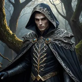 Underneath the canopy of an ancient forest at twilight, a vampire emerges from behind a gnarled tree trunk. Their intricate cloak shimmers with threads of silver and gold as they stand poised, their gaze both commanding and enigmatic against the backdrop of fading light.