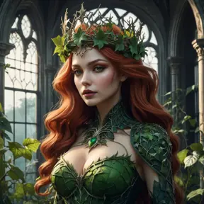 A majestic, powerful vampire Poison Ivy, standing tall amidst a decaying, gothic mansion overgrown with thorny vines.  She wears a crown of thorns and her skin shimmers with an otherworldly luminescence