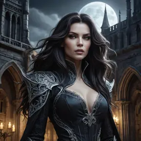 A brooding, elegant vampire Sarah Kerrigan, standing amidst a crumbling gothic castle, moonlight illuminating her pale face, sharp fangs visible,  long flowing black hair