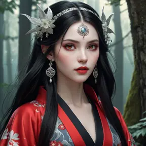 A majestic, ethereal vampire princess, inspired by Princess Mononoke, with long flowing black hair, pale skin, sharp fangs, and intense red eyes, wearing a dark, elegant kimono adorned with ornate silver details and glowing runes, surrounded by a mystical, enchanted forest