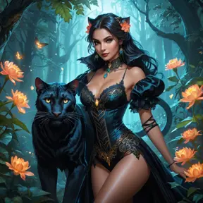 In the heart of an enchanted forest, Vampire Nidalee transforms seamlessly between human and panther form under the luminescent glow of bioluminescent flowers, her attire a blend of elegant Victorian lace and feline grace.