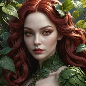 Close-up portrait of Poison Ivy transformed into a vampire.  Her face is pale and gaunt, with dark circles under her eyes.  Thick, crimson vines twist around her neck and arms.  Focus on intricate details of her skin texture and the veins in the vines.