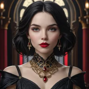 a stunning portrait of Cassandra Cain as a seductive vampire, pale skin, dark hair, crimson lips, piercing gaze, elegant gothic dress, ornate jewelry, dramatic lighting